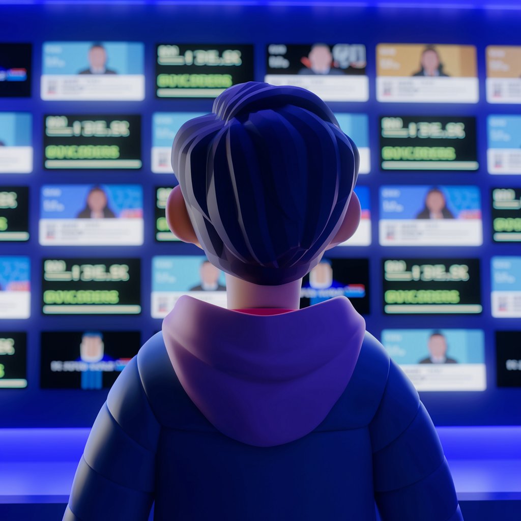 Junge Person im Playmobil-Design steht im dunklen Setting und schaut auf Monitor-Wand. Nur die Rückseite der Person sichtbar.