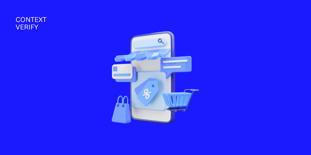 Mobiles Online-Shopping-Konzept: Ein Smartphone umgeben von E-Commerce-Elementen wie Einkaufstasche, Kreditkarte, Preisschild mit Prozentzeichen und Einkaufswagen.