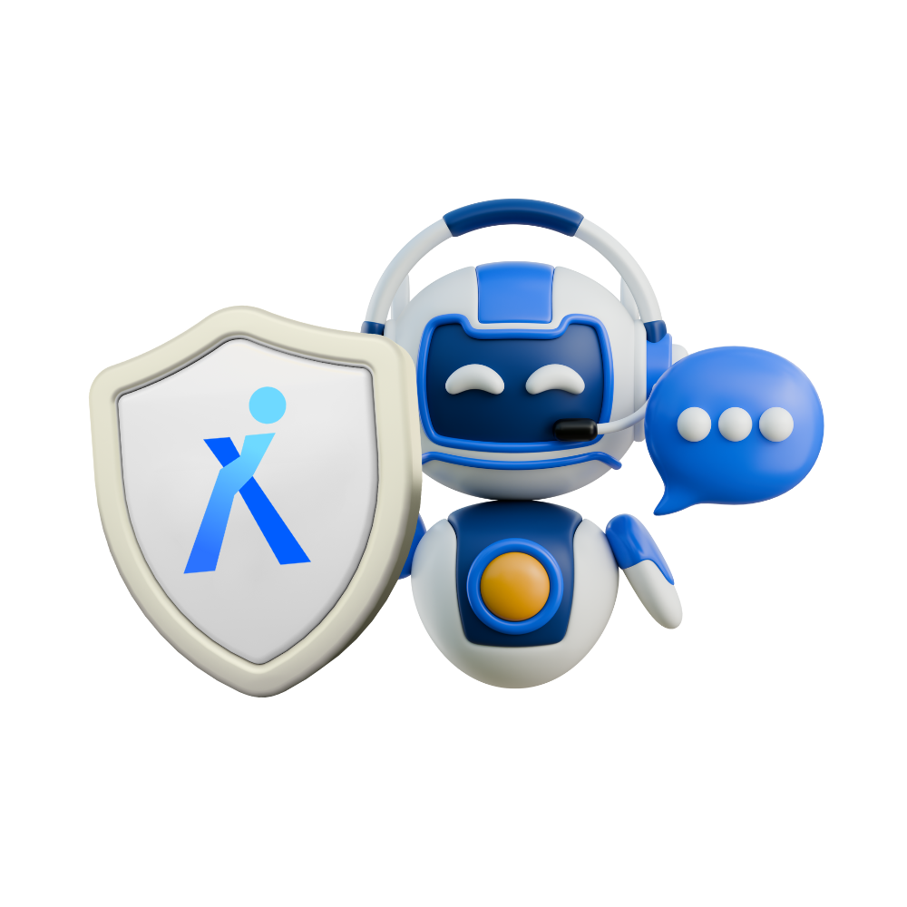 KI-Robotter mit Schutzschild und Context Verify Logo schwebend in grau und blau.