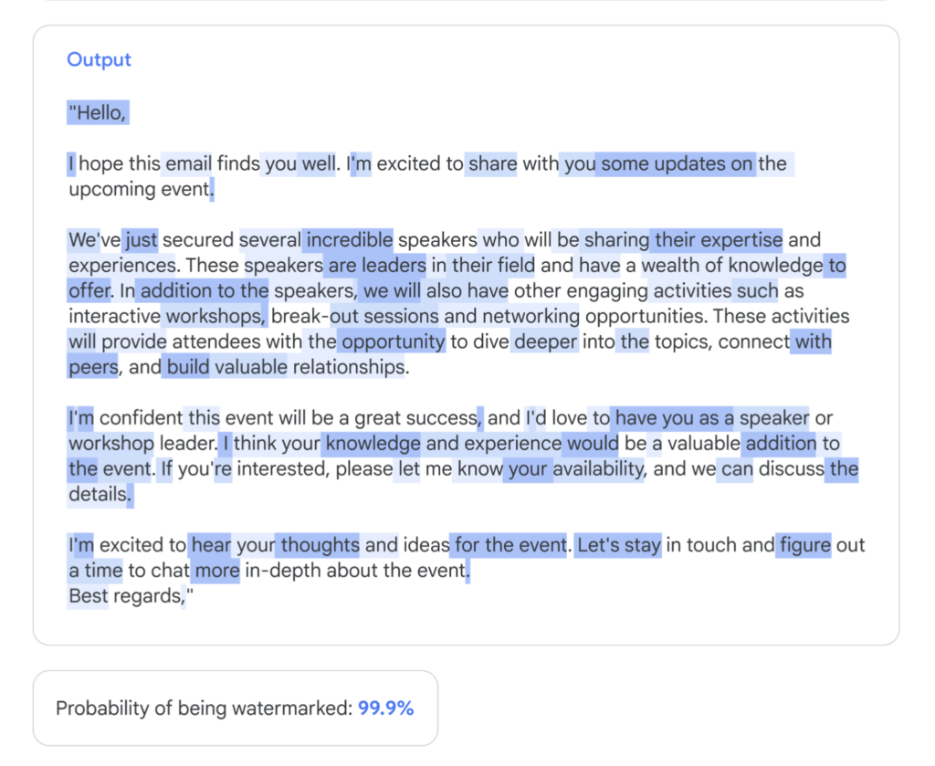 Text markiert durch watermarking. Mehrere Absätze mit blau markierten Stellen.