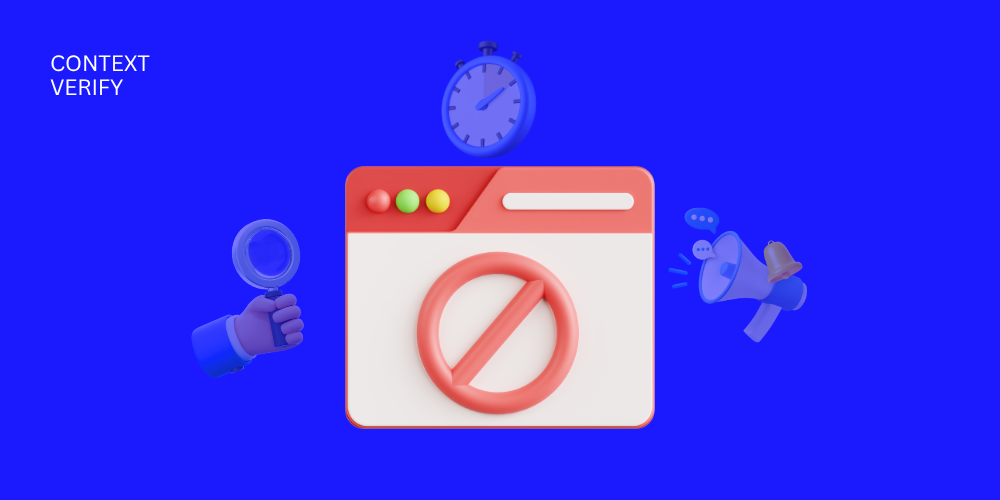 Eine Cartoon-Hand mit Lupe, ein gestoppter Webbrowser mit einem Stoppschild, ein Megafon und eine Stoppuhr auf blauem Hintergrund